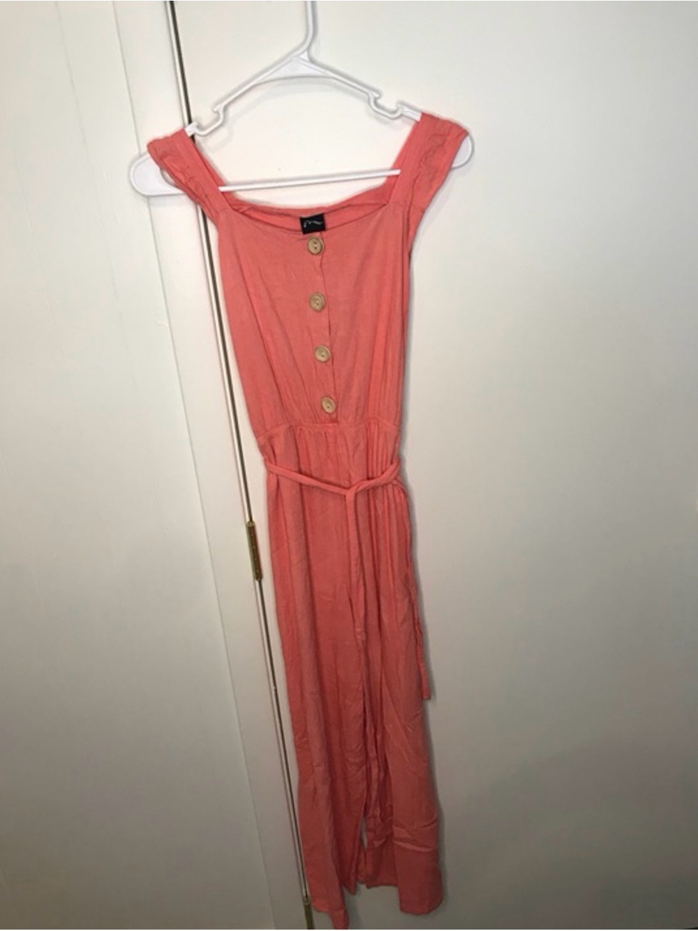 art class Coral Pink Off-Shoulder Button-Front Romper